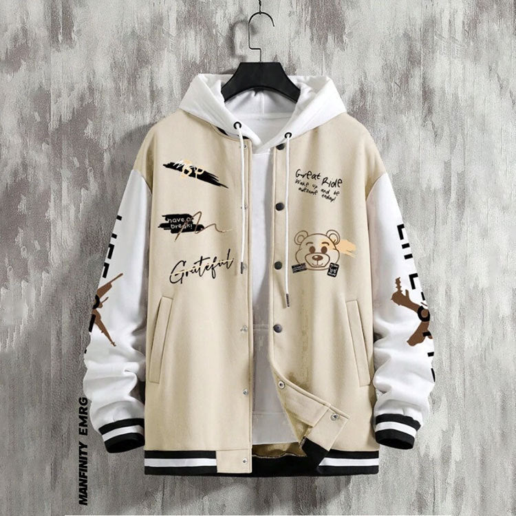 Men's Cartoon Varsity Jacket Baseball hoodie Coat American High Street Pu Baggy Jacket