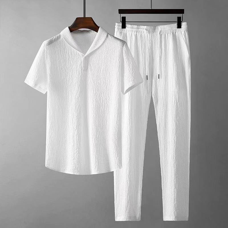 Leisure Suit Summer Loose Short Sleeve Top And Drawstring Trousers Mens Clothing