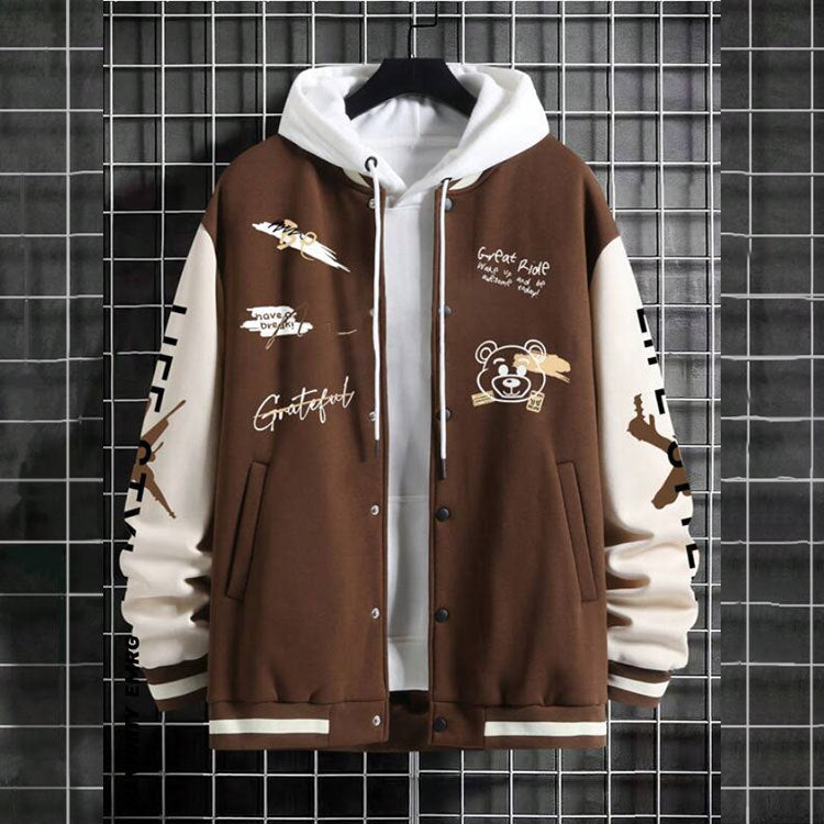 Men's Cartoon Varsity Jacket Baseball hoodie Coat American High Street Pu Baggy Jacket