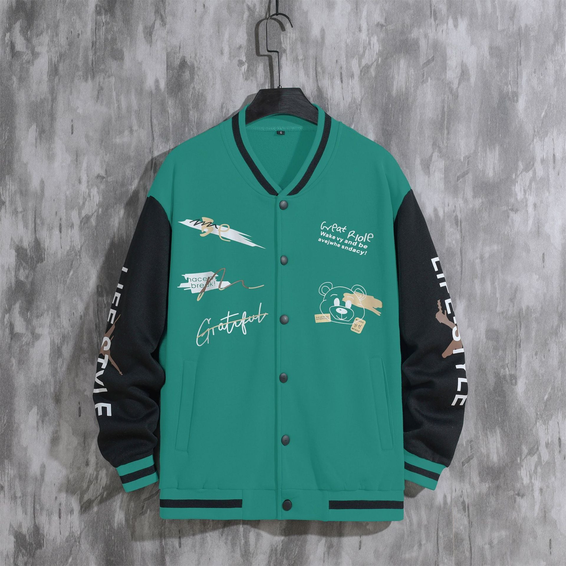 Men's Cartoon Varsity Jacket Baseball hoodie Coat American High Street Pu Baggy Jacket