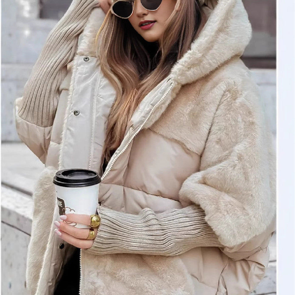 Women's Loose Cotton Coat Faux Fur Patchwork Winter Coat Long Sleeve Hooded Jacket