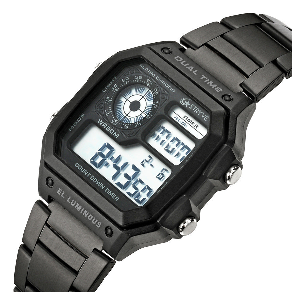 Square Fashion Digital Led Count Down Clock Sports Waterproof Men Luxury Stainless Steel Watch