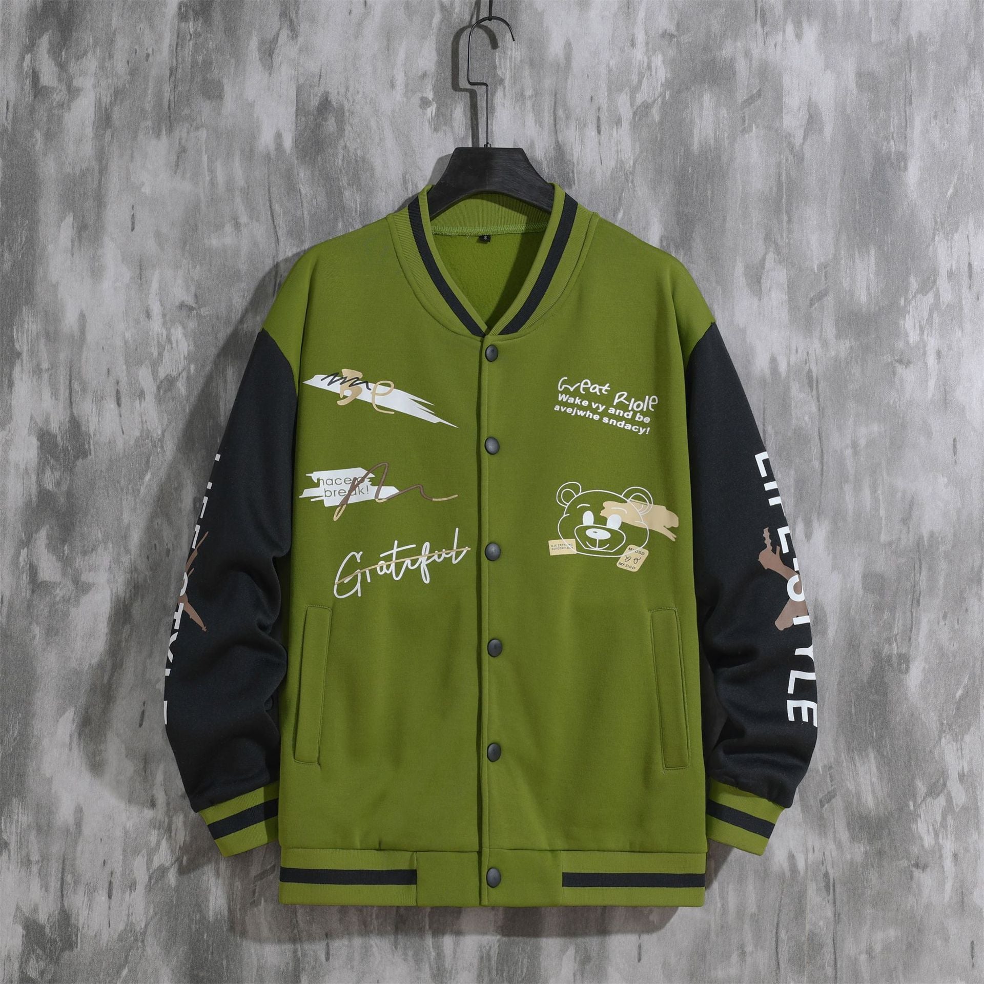 Men's Cartoon Varsity Jacket Baseball hoodie Coat American High Street Pu Baggy Jacket