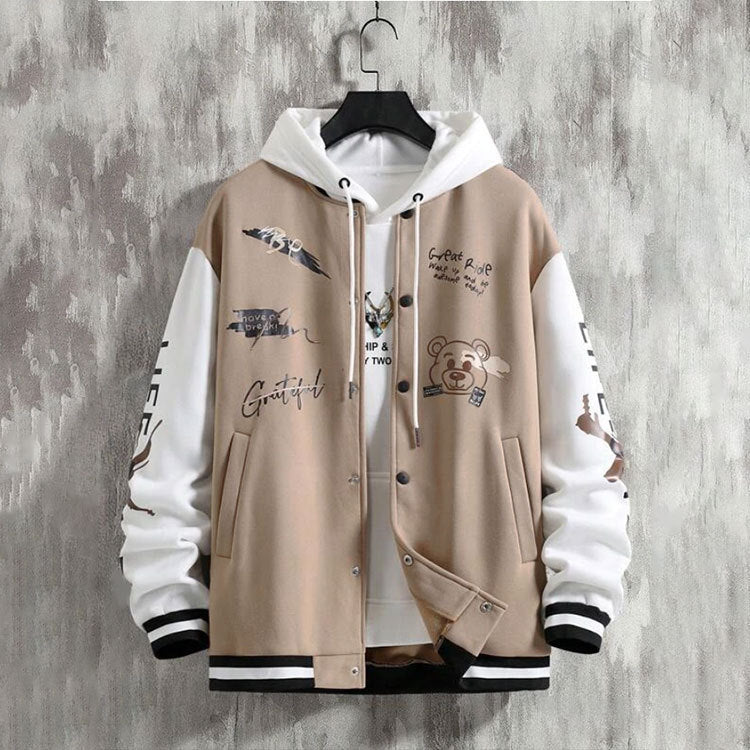 Men's Cartoon Varsity Jacket Baseball hoodie Coat American High Street Pu Baggy Jacket