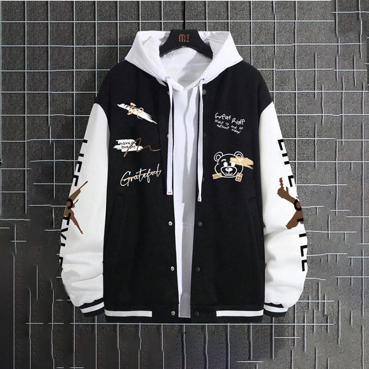 Men's Cartoon Varsity Jacket Baseball hoodie Coat American High Street Pu Baggy Jacket
