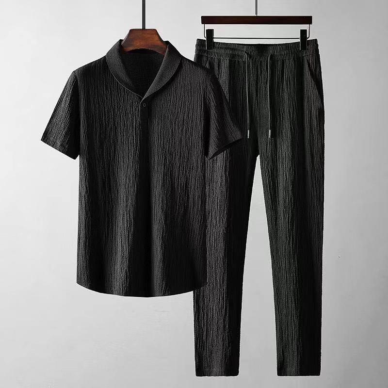 Leisure Suit Summer Loose Short Sleeve Top And Drawstring Trousers Mens Clothing
