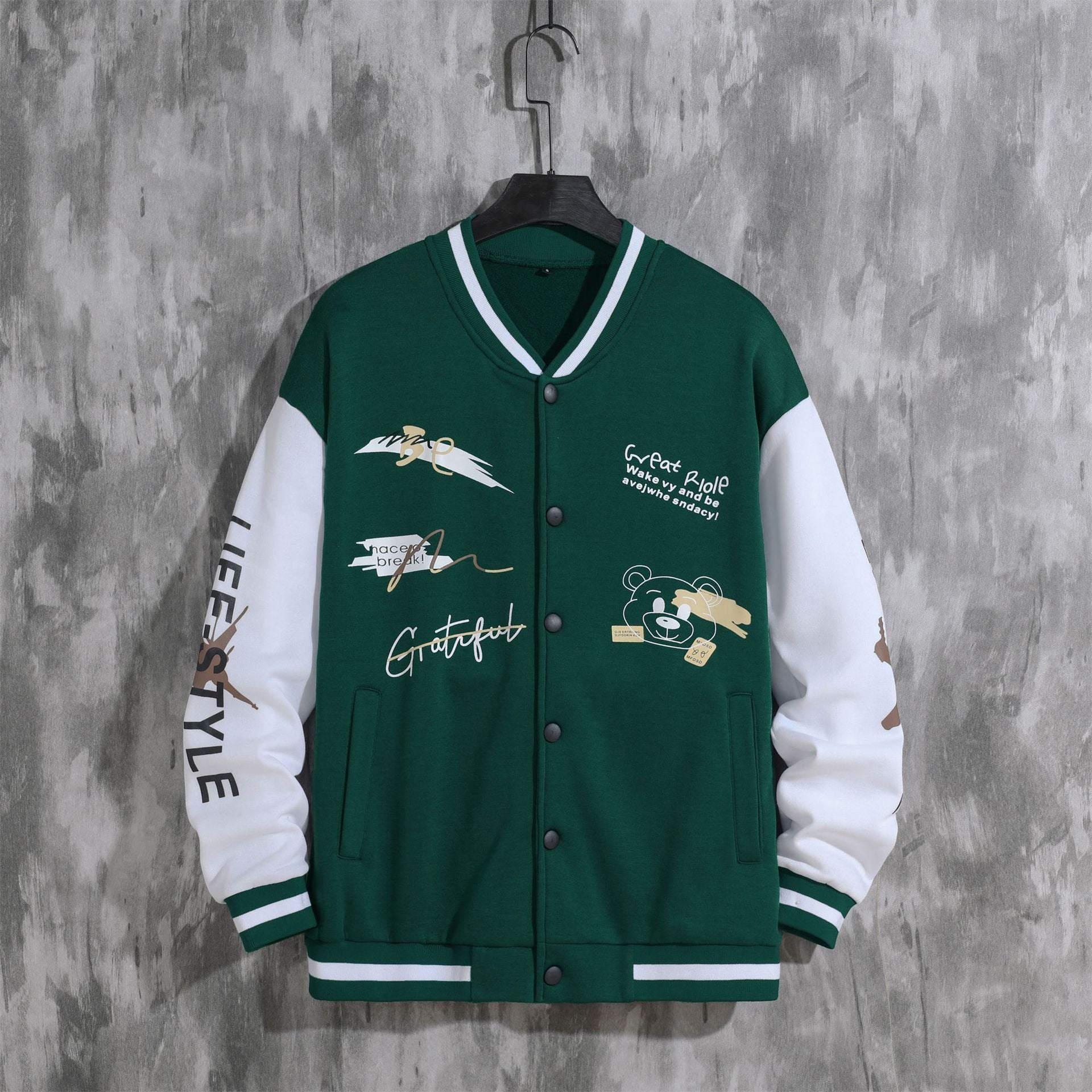 Men's Cartoon Varsity Jacket Baseball hoodie Coat American High Street Pu Baggy Jacket