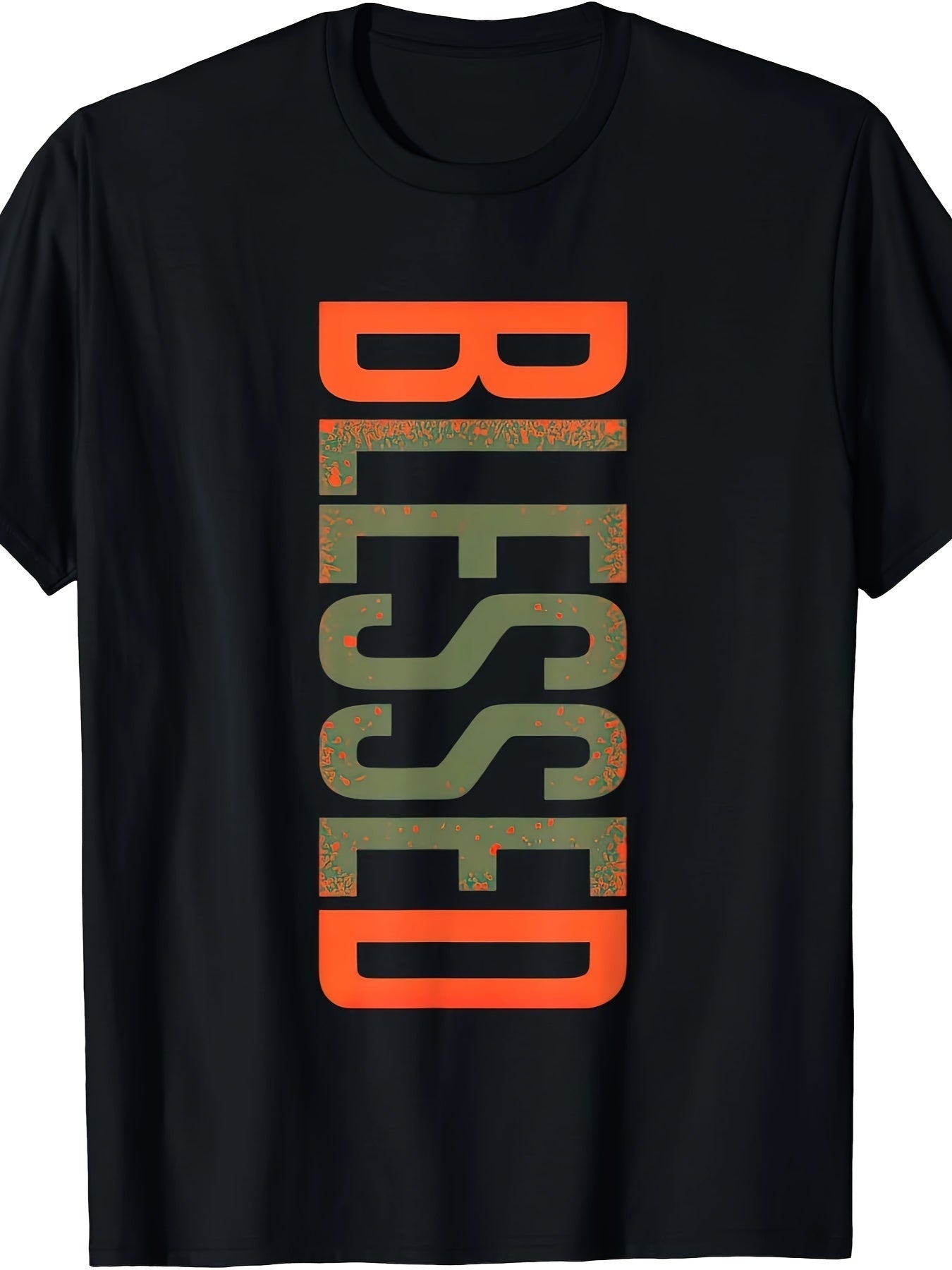 Blessing Olive Army Sun Orange T-shirt Men's Plus Size Casual Crew Neck T-Shirt - Geometric-Pattern, Smooth Cotton Knit Fabric, Medium Stretch - Short Sleeve Tee for Leisure & Everyday Wear | Breathable Comfort Fit | Machine Washable