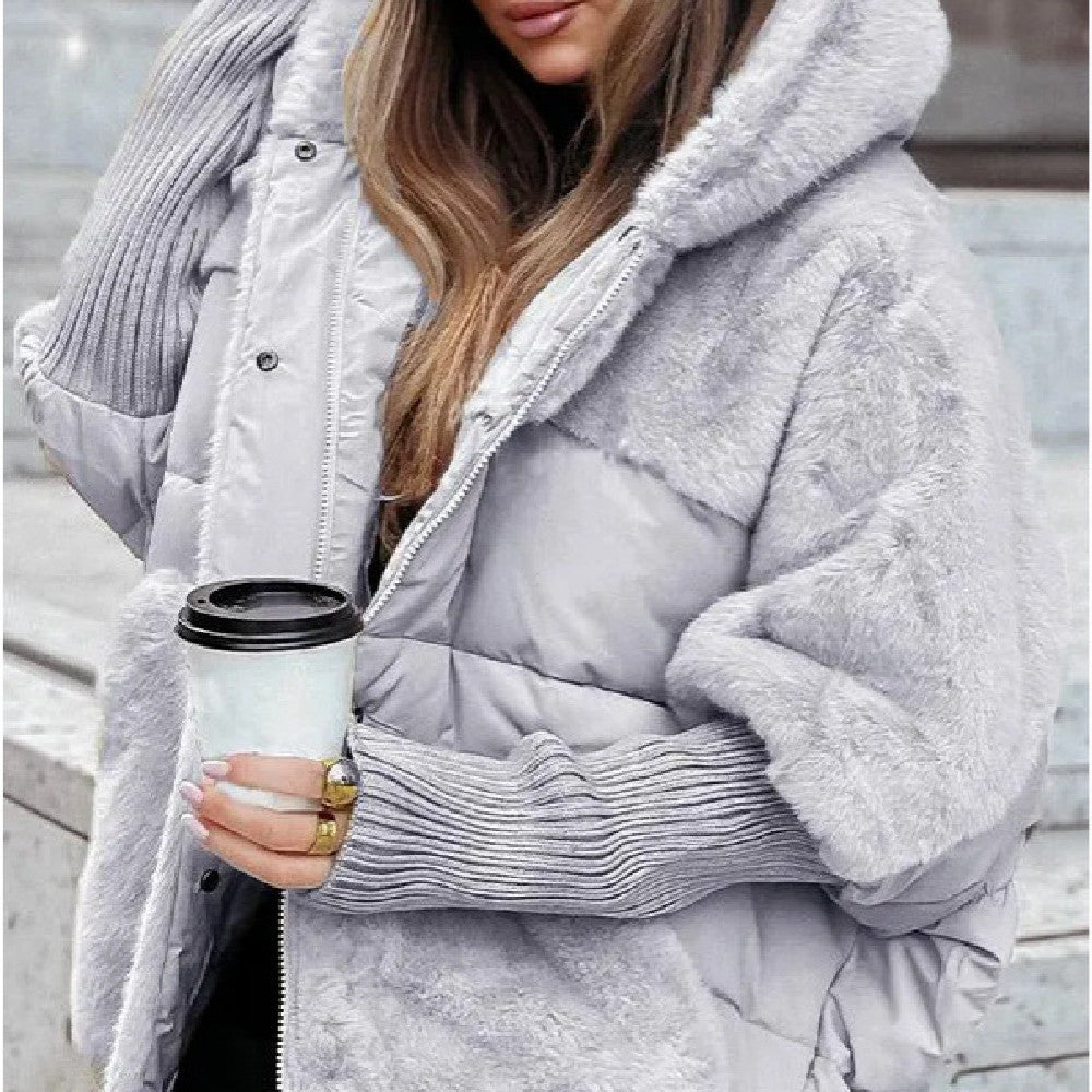 Women's Loose Cotton Coat Faux Fur Patchwork Winter Coat Long Sleeve Hooded Jacket